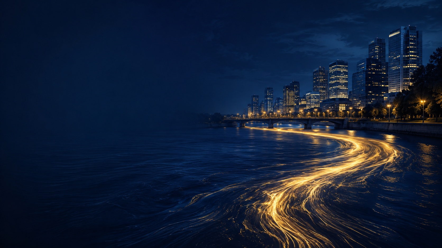 Golden currents of light flowing through dark water toward a night city skyline